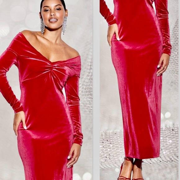 NWTS🌹THE OCCASION S🌹CRIMSON VELVET LONG SLEEVED OFF THE SHOULDER FITTED MAXI🌹 - Picture 5 of 16